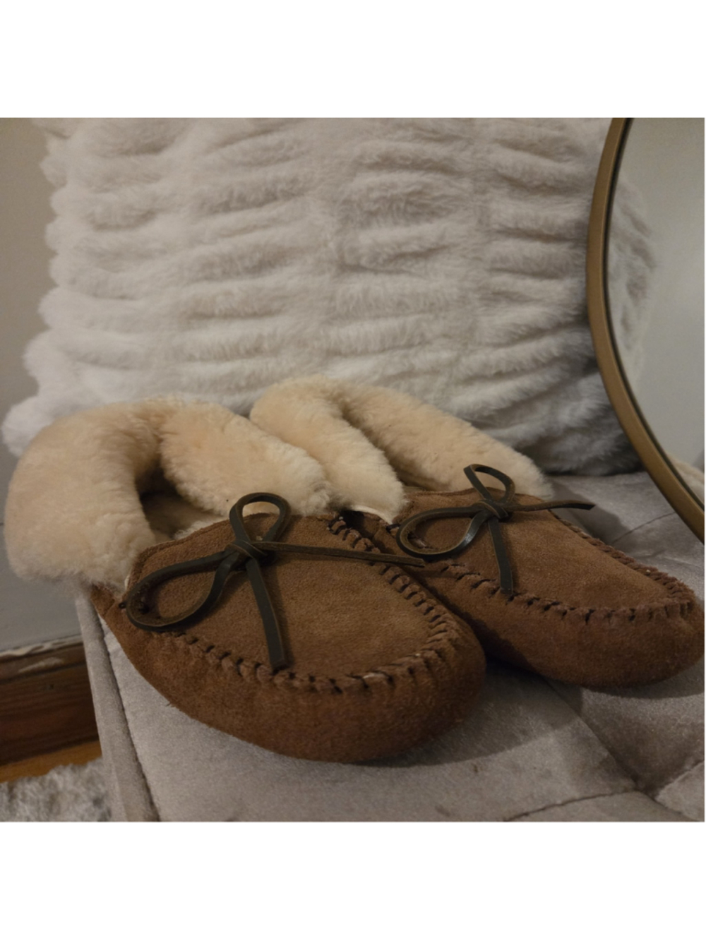 Women's Fireside by Dearfoams Suede Moccasin Slippers Brown Beige Size 6